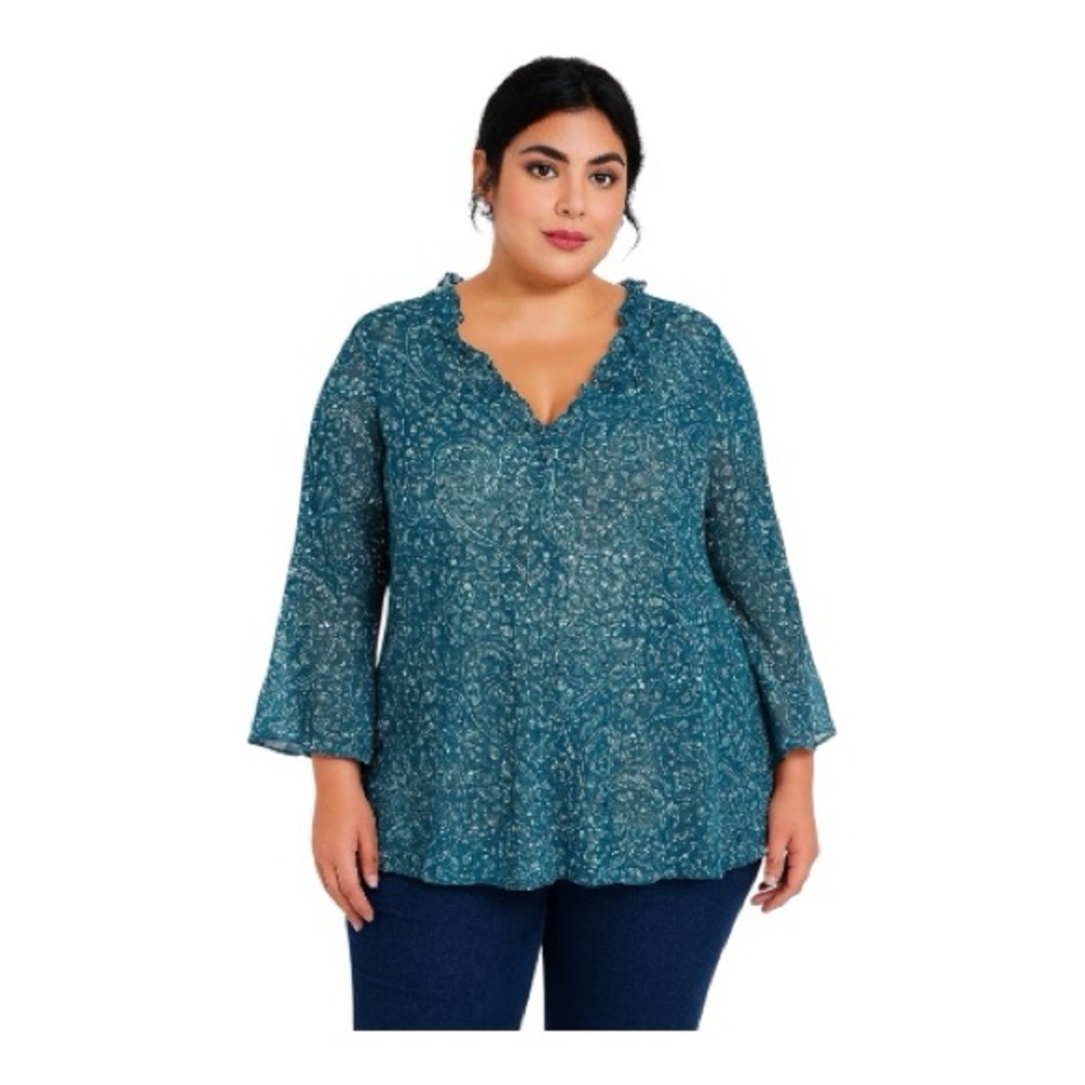 NWT Fashion Bug Women Plus Size 22/24 Sheer Blouse Blue With Sequins Paisley